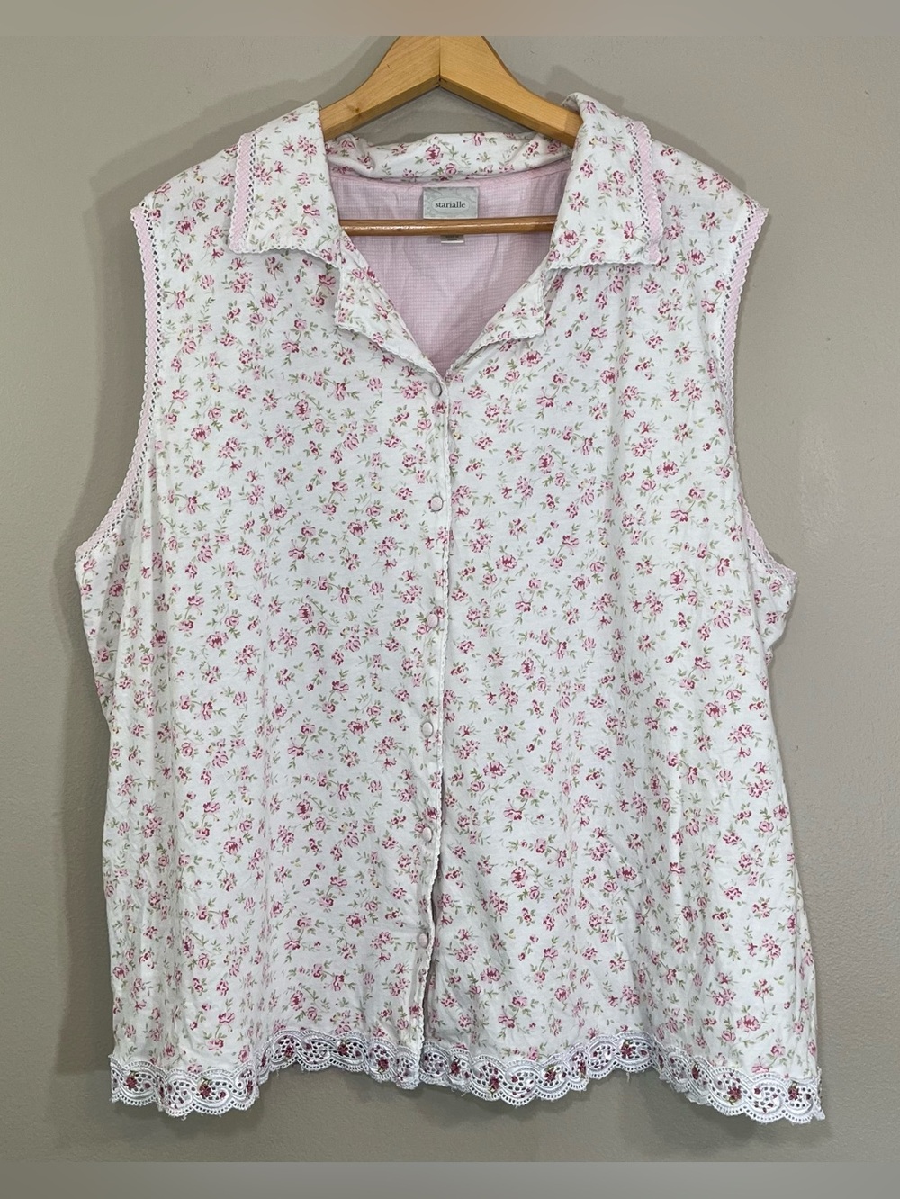Starialle 3X Pink White Floral Plaid Button Down 100% Cotton Cottage Core PJ Top